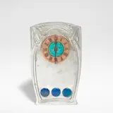 Archibald Knox, Tudric clock, model no. 0369, circa 1905, Pewter, copper and enamel, the copper chapter ring with raised Roman numerals