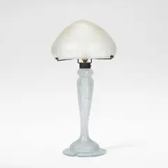 Daum Nancy, Table lamp, circa 1925, Acid etched glass, the mushroom shaped shade raised on a baluster shaped stem, deeply etched with vertical grooving