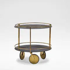 Max Ingrand, Serving trolley, model no. 2246, circa 1962, Coloured glass, coloured mirrored glass, brass, rubber