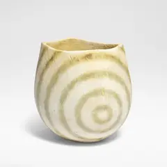 John Ward, Small squared pot, Stoneware, cream glaze with concentric mottled blue and green bands over a softly pitted body