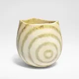 John Ward, Small squared pot, Stoneware, cream glaze with concentric mottled blue and green bands over a softly pitted body