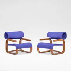 Jan Bočan, Pair of armchairs, designed for the Czech Embassy, Stockholm, circa 1968-1970, Bent laminated walnut ply, purple wool upholstery