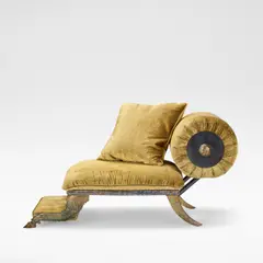 'Pan' chair, designed 1992, executed 1993 by Mark Brazier-Jones, Patinated bronze, fabric upholstery, raised to the front on goat's hooves, to the verso on sabre supports, offered Dec 2025