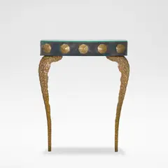 Mark Brazier-Jones, Unique console, circa 2000, Patinated and gilt bronze, of demi lune form with an insert mirror top, raised on textured cabriole supports