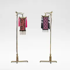 'Canton', pair of floor lamps by Mark Brazier-Jones, Brass, each with a brass and silk brocade shade decorated with tassels and beads, sold Dec 2025