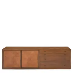 Harvey Probber, Wall-mounted Credenza, mahogany veneer, cane, oak and laminate secondary, top drawer with dividers, maker's metal label