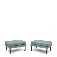 Harvey Probber, Pair of Ottomans, mahogany, brass casters, upholstery, unmarked