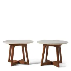 Pair of Occasional Tables by Mid-Century Modern, fossilized limestone, walnut, unmarked, sold Mar 2026