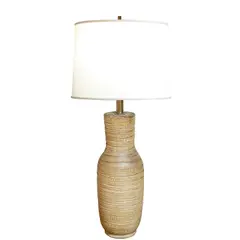 Lee Rosen For Design Technics, Table Lamp, glazed and carved earthenware, two sockets, fabric over plastic shade, unmarked