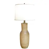 Lee Rosen For Design Technics, Table Lamp, glazed and carved earthenware, two sockets, fabric over plastic shade, unmarked