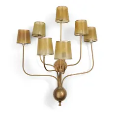 Jean Royere-Style, Seven-Arm Wall Sconce, brass, fiberglass shades, seven sockets, unmarked