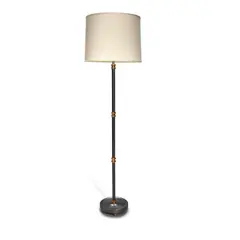 Maison Jansen-Style, Floor Lamp, gunmetal, lacquered brass, two sockets, fabric over plastic shade, unmarked