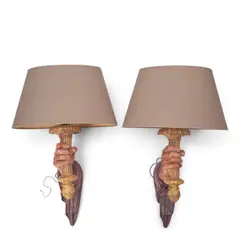 Sirmos, Pair of Sconces, cast resin, fabric shades, single socket, unmarked