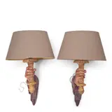 Sirmos, Pair of Sconces, cast resin, fabric shades, single socket, unmarked