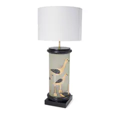 Mid-Centruy Modern, Table Lamp, frosted, enameled and gilded glass, ebonized wood, fabric shade, two sockets, unmarked