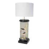 Mid-Centruy Modern, Table Lamp, frosted, enameled and gilded glass, ebonized wood, fabric shade, two sockets, unmarked