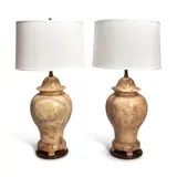 Italian Modernist, Pair of Table Lamps, yellow onyx, brass, wood, fabric shade, single sockets,