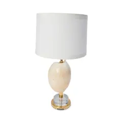 Regency Moderne, Seashell Table Lamp, cowrie shell, Lucite, brass, two sockets, fabric over plastic shade, unmarked