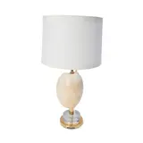 Regency Moderne, Seashell Table Lamp, cowrie shell, Lucite, brass, two sockets, fabric over plastic shade, unmarked