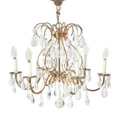Regency Moderne, Six-arm Chandelier, brass, crystal, hardwired, canopy, unmarked