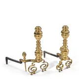 Regency Moderne, Pair of Andirons, wrought iron, brass, unmarked