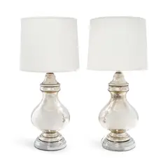 Regency Moderne, Pair of Table Lamps, mercury glass, chromed metal bases, each with two sockets, fabric over plastic shades, unmarked