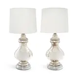 Regency Moderne, Pair of Table Lamps, mercury glass, chromed metal bases, each with two sockets, fabric over plastic shades, unmarked