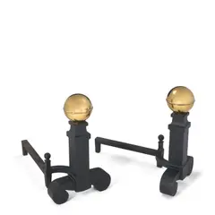 Stover Manufacturing Co, Pair of Andirons, wrought iron, polished brass, branded maker's mark 'STOVER MFG