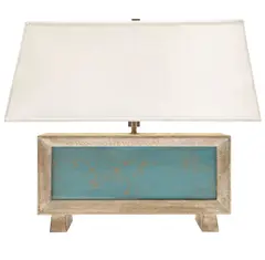 Regency Moderne, Table Lamp, resin, glass, bronze, silk shade, two sockets, base illuminates with LED bulb, unmarked