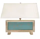 Regency Moderne, Table Lamp, resin, glass, bronze, silk shade, two sockets, base illuminates with LED bulb, unmarked