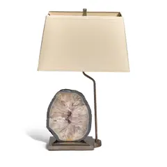 Regency Moderne, Table Lamp, polished quartz geode slab, chromed metal base, single dimmer socket, fabric over plastic shade, unmarked