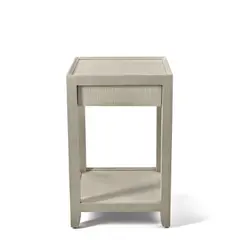 Side Table by Lobel Originals, wood, lacquered linen, single drawer, maker's metal label 'Lobel Originals NYC', sold Mar 2026