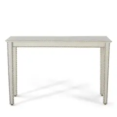 Console Table by Lobel Originals, leather, wood, chromed upholstery tacks, maker's metal label 'Lobel Originals NYC', sold Mar 2026