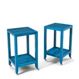 Pair of Side Tables by Lobel Originals, wood, plywood, cobra snakeskin, chromed metal casters, maker's metal label 'Lobel Originals NYC', sold Mar 2026