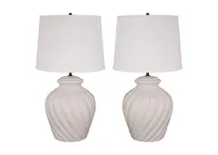 Sirmos, Pair of 'Swirl' Table Lamps, model ga120, plaster, two sockets, fabric over plastic shades, unmarked