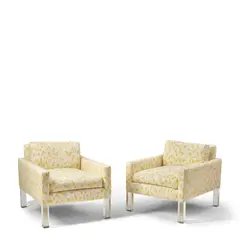 Milo Baughman-Style, Pair of Lounge Chairs, upholstery, Lucite legs, unmarked
