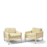 Milo Baughman-Style, Pair of Lounge Chairs, upholstery, Lucite legs, unmarked
