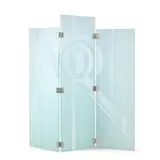 Art Deco-Style, Three-panel Screen, sandblasted and hand-etched glass, steel, incised mark 'Schultz '86'