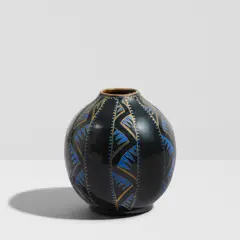 Alexandre Noll, Ovoid Vase, for Studio Évolution, incised blue over black lacquer, brass, incised 'ANOLL 1194' and with studio mark on underside