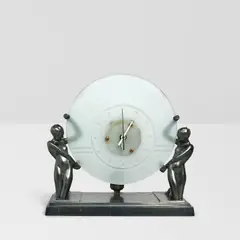 Frankart Ltd, Mantel Clock, patinated metal, frosted glass, stamped 'FRANKART