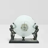 Frankart Ltd, Mantel Clock, patinated metal, frosted glass, stamped 'FRANKART