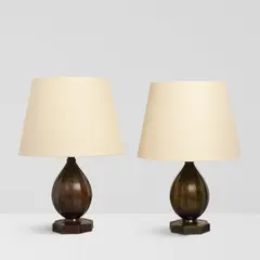 Just Andersen, Pair of Table Lamps, model 1860, patinated bronze, linen upholstered shades, underside of base with 'JUST' triangular mark