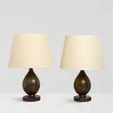 Just Andersen, Pair of Table Lamps, model 1860, patinated bronze, linen upholstered shades, underside of base with 'JUST' triangular mark