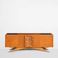 Custom Order Credenza by Vladimir Kagan, for Kagan Dreyfuss, relief-carved walnut, granite, fitted illuminated LED interior, stamped 'KAGAN, sold Jul 2026