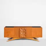 Vladimir Kagan, Custom Order Credenza, for Kagan Dreyfuss, relief-carved walnut, granite, fitted illuminated LED interior, stamped 'KAGAN