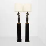 William Haines, Pair of Bronze Greek Figure Floor Lamps, lacquered wood, bronze, linen upholstered shades