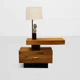 William Haines, Nightstand with Integrated Table Lamp, rosewood, patinated metal, ebonized wood, carved wood figure of an ancient bust with laurels, milk glass, linen upholstered shade