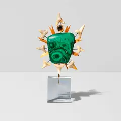 Small Totem by Tony Duquette, malachite, shark teeth, shell, Lucite base, wire, wood, brass, sold Jul 2026