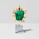 Tony Duquette, Small Totem, malachite, shark teeth, shell, Lucite base, wire, wood, brass