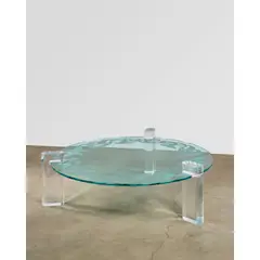 Karl Springer, Special Order Coffee Table, , Lucite, glass top wheel-engraved by Joseph Spohr, engraved 'Karl Springer'